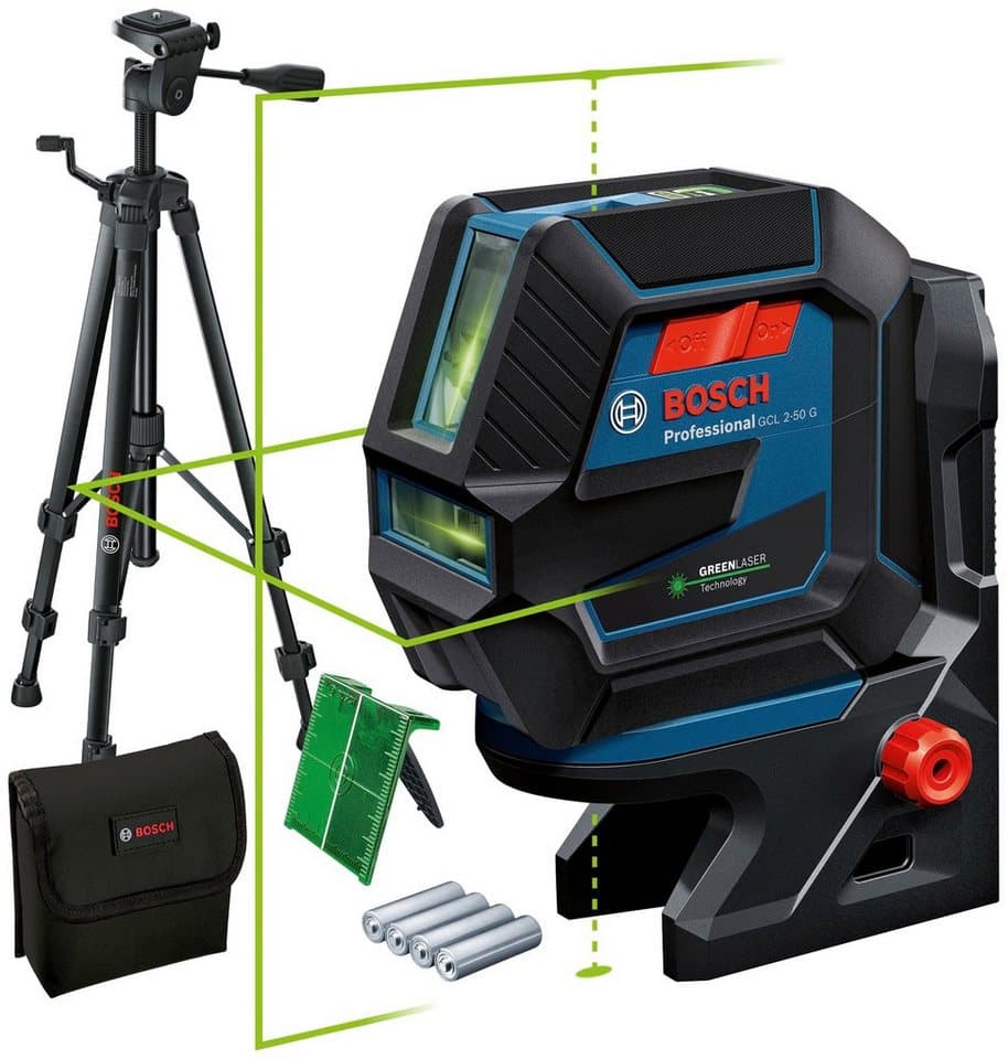 Bosch Professional Linien- und Punktlaser GCL 2-50 G, IP64 Staub- und Spritzwasserschutz, Baustativ-Set
